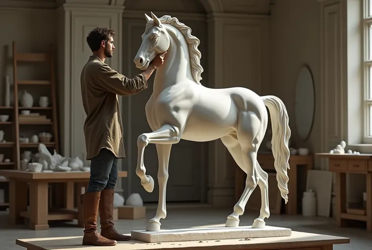 A realistic picture, with distinctive details and a high resolution, of a sculptor sculpting a horse while raising his front legs up, the statue in front of the viewer, showing his beautiful body in full, a very framed picture like a Leonard da Vinci paint...