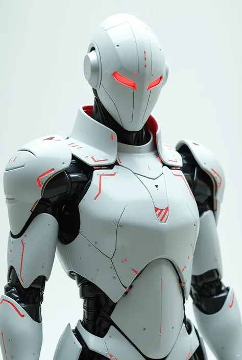 A white humanoid male robotic great helm knight with a bit of red painted on its armor and two simplified diagonal red eyes