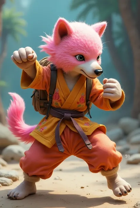 A candy monk dog who fights martial arts with an explorers backpack