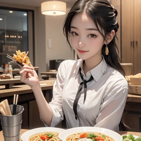 1. Beauty,  Female Adult, Teary-eyed，Big ample breasts, Blazer and tie, (Happy smile)， long eyelashes,  blush lash ，Black Perm Hair, At the counter of a specialty ramen shop,Cup Ramen,Perfect chopsticks,(Perfect chopsticksの持ち方:1.2), (Hold your chopsticks w...