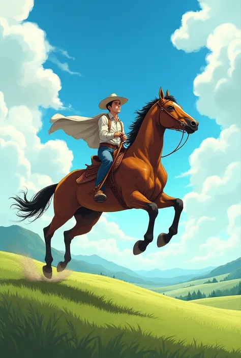  Horse soaring on pasture with cowboy riding anime cartoon
