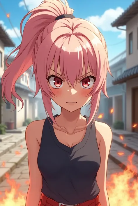 girl, 19 years old, 1,70cm, light pink ponytail style hair, angry expression, anime, 2D