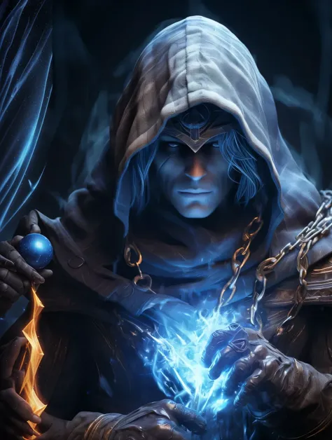 a close up of a person holding a blue ball in their hands, arthas, 8k hd wallpaperjpeg artifact, 8 k hd wallpaperjpeg artifact, an arcane wizard casting a spell, raziel irl, darksiders style, ice mage, arthas menethil, darksiders art style, kaladin stormbl...