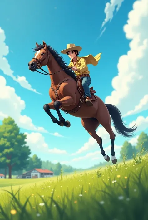  Horse soaring on pasture with cowboy riding anime cartoon
Without the cover