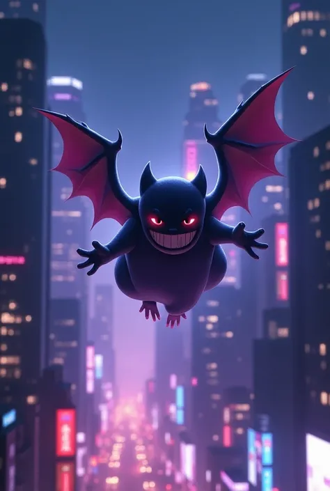 Make the wingless Gengar fly in a purple night city with lots of buildings 