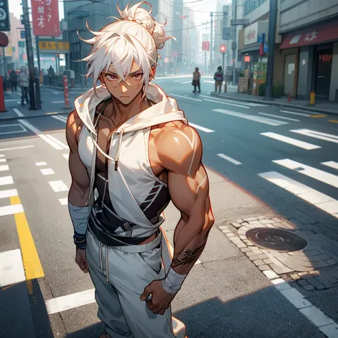 1male, young teen, tan skin, finely detailed plum eyes, messy top bun, wild medium hair, seashell white hair color, hoodie, baggy pants, standing on street, day time, tokyo streets, calm expression, muscular, tattoos, bandages around arm