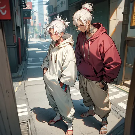 1male, young teen, tan skin, finely detailed plum eyes, messy top bun, wild medium hair, seashell white hair color, hoodie, baggy pants, standing on street, day time, tokyo streets, calm expression, muscular, tattoos, bandages around arm