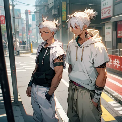 1male, young teen, tan skin, finely detailed plum eyes, messy top bun, wild medium hair, seashell white hair color, hoodie, baggy pants, standing on street, day time, tokyo streets, calm expression, muscular, tattoos, bandages around arm