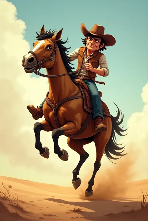 Wild horse riding jumping with a serious cowboy cartoon