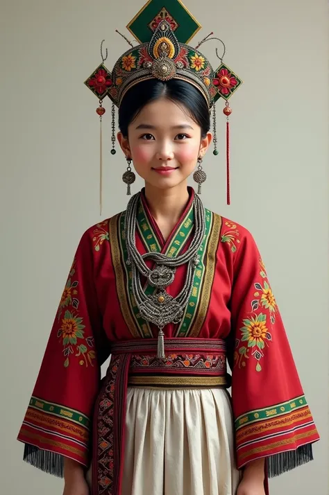 black Hmong with red and green sash and Hmong white short skirt Both front and back, Hmong silver jewelry, Hmong headwear, pleated skirts, realistic, 4k, Realistically