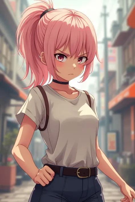 girl, 19 years old, 1,70cm, light pink ponytail style hair, angry expression, anime, 2D, Big Sister Vibe