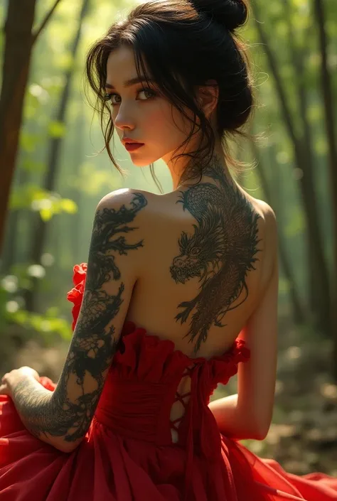 (Better quality,  High resolution, Super detailed, real, 1 girl, (( full body tattoo )), (( I have a dragon tattoo all over my back)), (fascinating, sexy, erotic),  beautiful and perfect face ,  detailed and perfect face ,  greenish yellow eyes professiona...