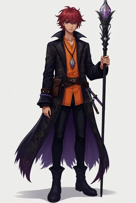 Young man of average height, about 1,80 m, weight of 76 kg, brown skin, deep look with intense colors, having heterochromia (purple and orange), medium length wavy hair, its color is a slightly dark red with white tips.
He wears a kind of long overcoat wit...