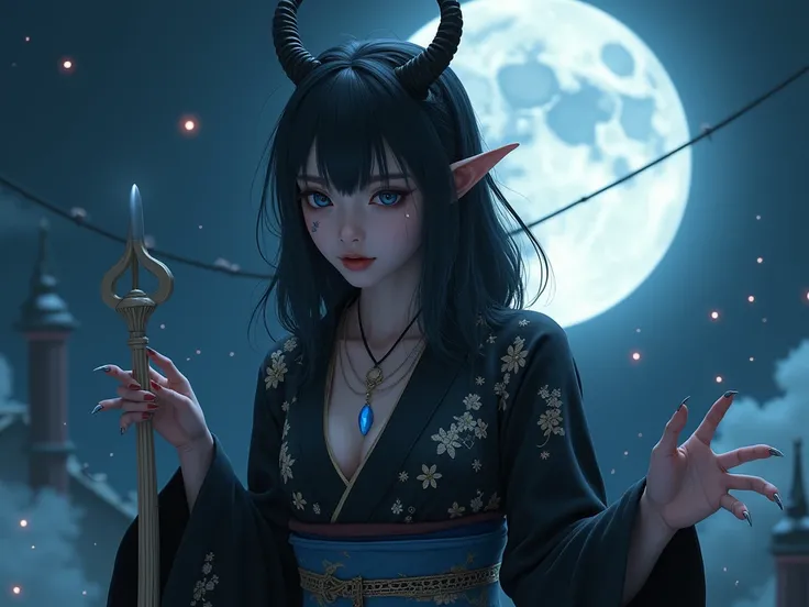 ((ultra realistic)), ((perfect image)), ((perfect face)), ((ultra detailed)), ((Whole body)), ((perfect body)), an oni girl ,  with two horns on her forehead ,  with black hair at shoulder length ,  with tribal markings on her body ,  wearing a sexy black ...