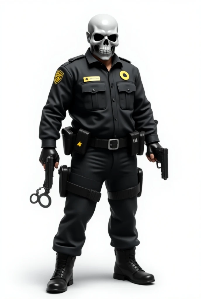 vigilante, security , skull , united, Standard Uniform, tonfa , revolver 38 , Handcuffs,  Brazilian flag , white background 