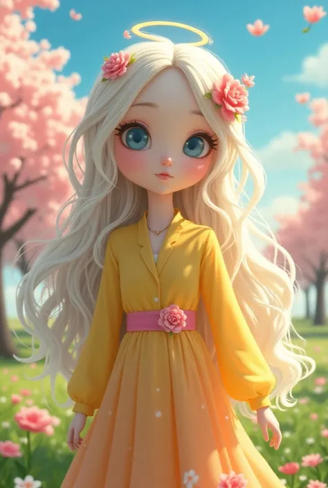 Picture of a well-dressed angel wearing yellow and pink clothes with an enlarged face in front of a pubic background of cherry trees blue sky with flowers on her long hair straight blue eyes 