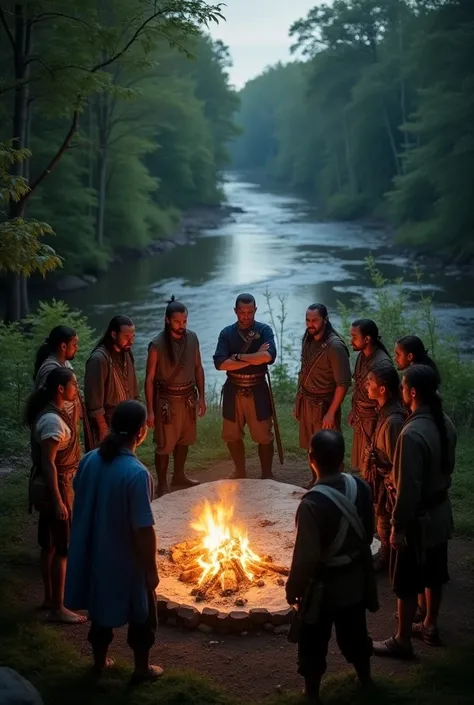 Characters: Native American warriors and French soldiers; Description: Native American allies discussing strategy with French officers; Era: Mid-18th century; Clothing: Native warriors in traditional attire, French officers in blue military uniforms; Locat...