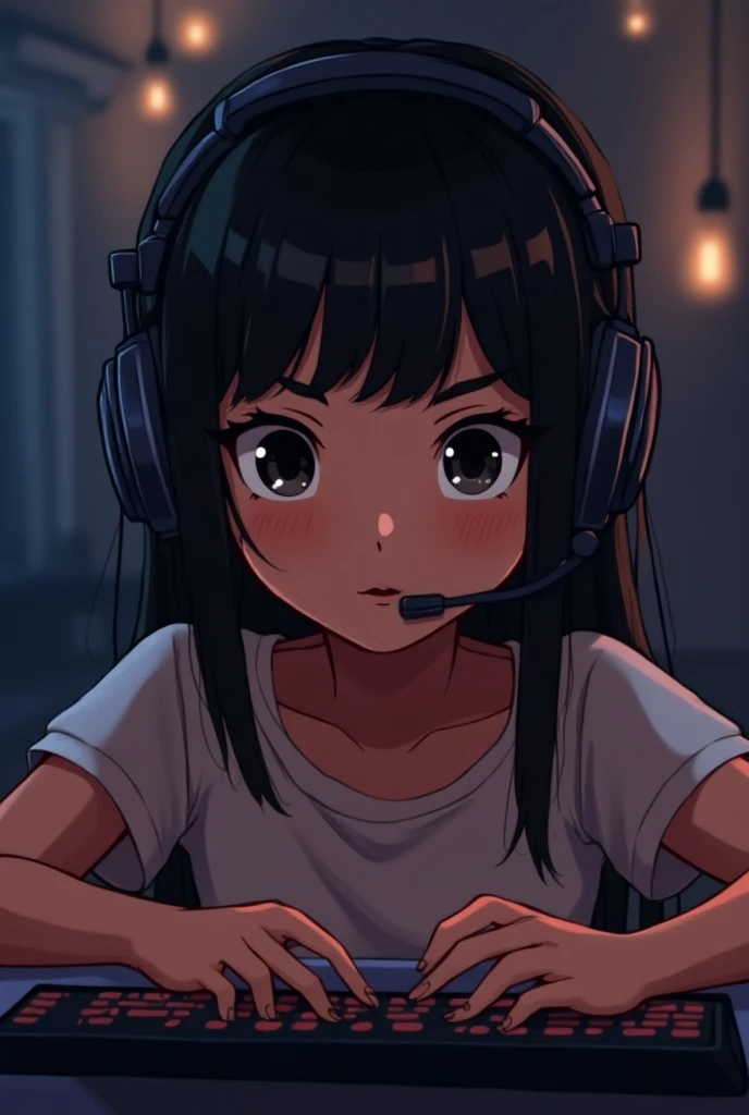 22-year-old brown girl ,  black hair a little below the shoulder straight but not so much ,  without fringe on the front , forehead showing ,, large nails,  very dark black eyes , gamer with headset on computer ,  saying goodbye to the gamer cartoon photo