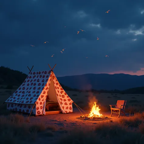  a camping tent with fabric printed in the Cars style, bonfire, birds flying, Real photo, São Miguel dos Milagres in Alagoas , 4K, ultrarealismo, by Pixar Animation Studios,  Walt Disney Pictures, Darla K. Anderson