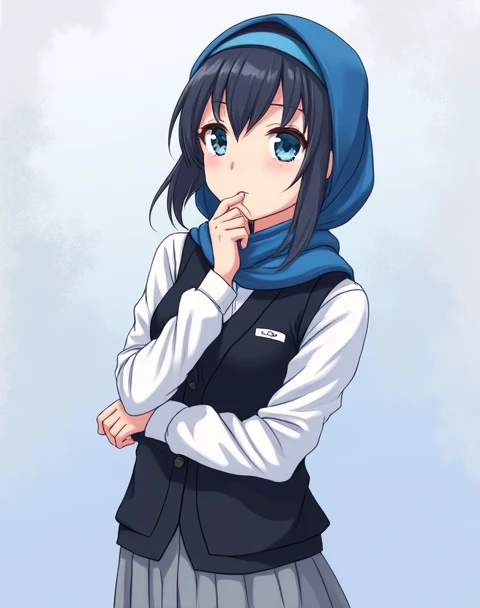 a dark blue HIJABI anime girl, with blue eyes, using school uniform like picture, with long shirt, black vest with no sleeves, long light grey skirt, and blue ribbon. 