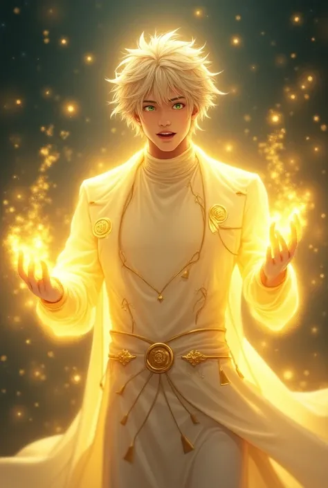  I wanted a semi-realistic young man , attractive, defined body,,  that has skin that appears to be shrouded in brilliant golden light ,  with an aura of magic surrounding .  He has messy blond and very light hair , almost white,  that reflect the brightne...