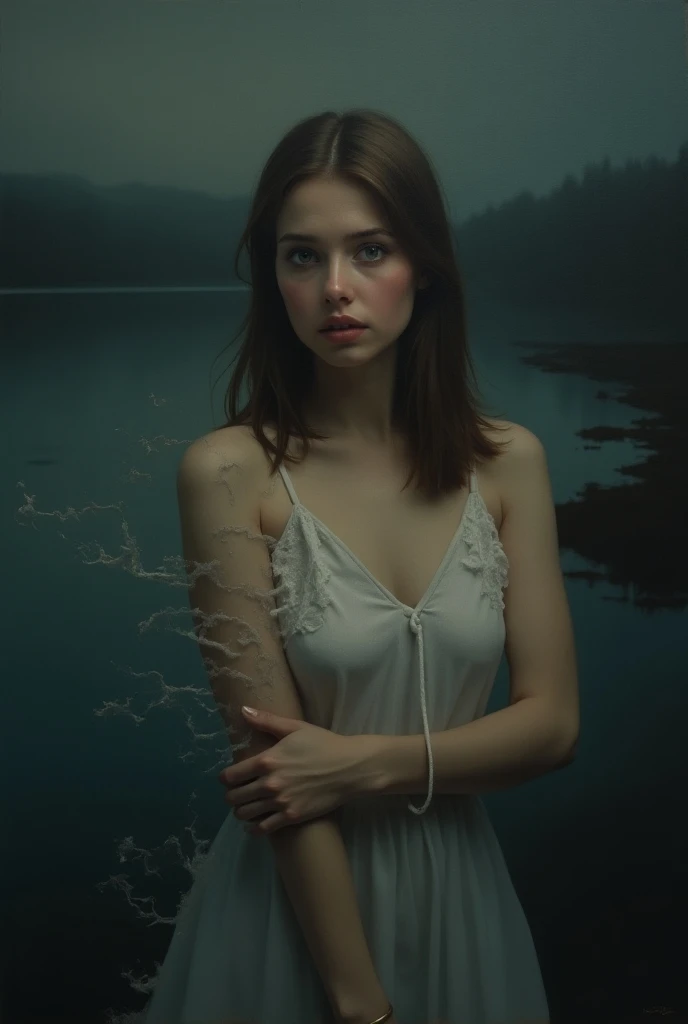  It generates a surreal image of a painting that represents a young and slender woman,  with straight brown hair up to the shoulders and gray eyes . She must be taking an arm out of the picture ,  where the part of the arm that is outside the frame is melt...