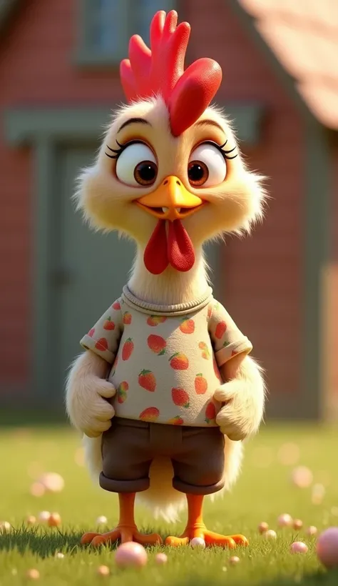 a cute baby male rooster, extremely detailed eyes, extremely detailed nose, extremely detailed lips, extremely detailed face, long eyelashes, wearing pants and a printed t-shirt, with a barn in the background, adorable facial expression, Disney Pixar style...