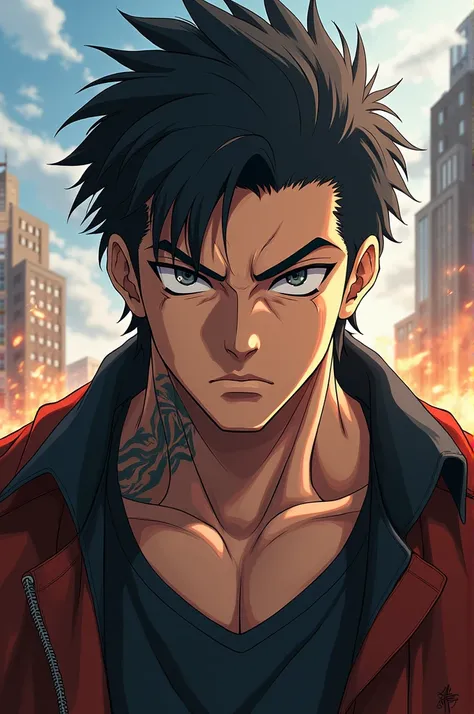 My character beat the drawing style of the anime My Academy of Heroes  ,  as a man with black hair, a strong body, gray eyes with a scar that covers his left side of his neck and part of his right ear.  