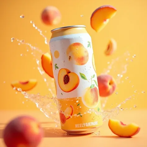 A close-up shot of an orange can of "Peach Sunrise Lemonade" with a sleek white label adorned with juicy peach illustrations. The can is cold, with water droplets shimmering in soft, natural light. The background is light orange, evoking a warm, summery su...