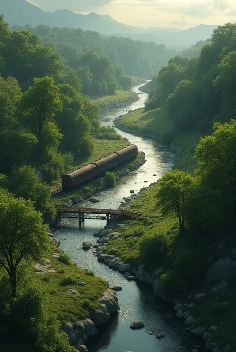 With a circular shape, the landscape of trees and rivers and an old train is realistic and there is a land part