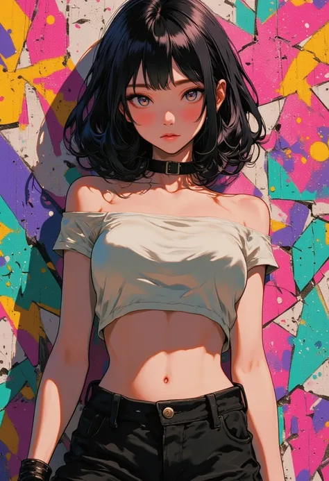 (masterpiece, best quality:1.4), official art, absurdres, vivid colors, girl, teen, beautiful eyes, tight crop top, tight pants, choker, (splash ink, graffiti on wall:1.2), navel, slender, standing, from below, cowboy shot, small waist, thick thighs, (arch...