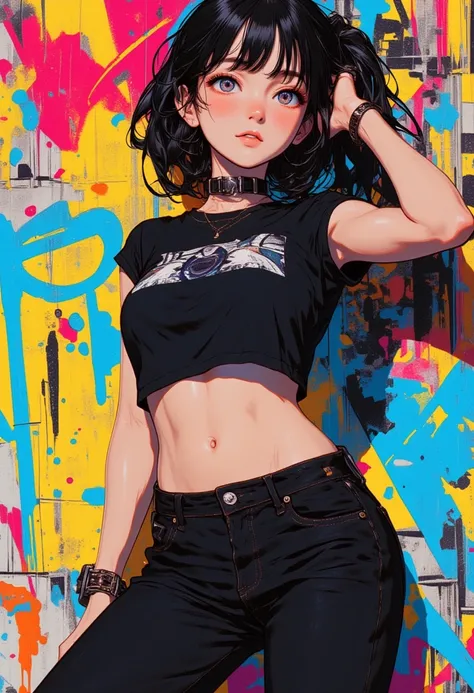 (masterpiece, best quality:1.4), official art, absurdres, vivid colors, girl, teen, beautiful eyes, tight crop top, tight pants, choker, (splash ink, graffiti on wall:1.2), navel, slender, standing, from below, cowboy shot, small waist, thick thighs, (arch...