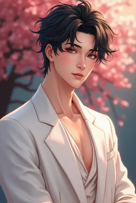 detailed portrait of a handsome adult man, white clothes, anime style, intricate facial details, beautiful eyes, elegant pose, cinematic lighting, vibrant colors, highly detailed, photorealistic, 8k, best quality