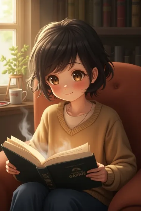 Cute girl with short hair reading a book 