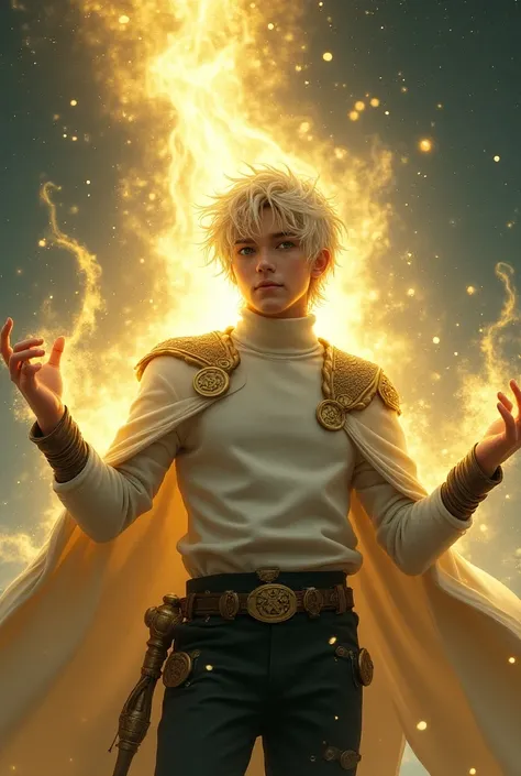  I wanted a semi-realistic young man , attractive, defined body,,  that has skin that appears to be shrouded in brilliant golden light ,  with an aura of magic surrounding .  He has messy blond and very light hair , almost white,  that reflect the brightne...