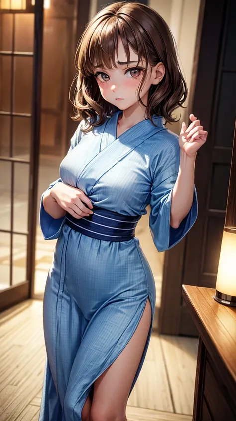 (pretty woman1.9),19 years old,Alone,

light brown hair,wavy short hair,hairs between eyes,

light brown eyes,big eyes,double eyelids,

(slender body1.3),(small:1.1),beautiful breasts,(baby face:1.5),

(light blue colors yukata),

A room in an inn,

sittin...