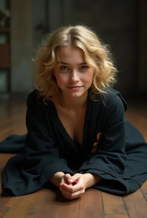 Realistic image of a Hogwarts student with curly blond hair and mischievous face is lying on the floor with her cape but no clothes underneath