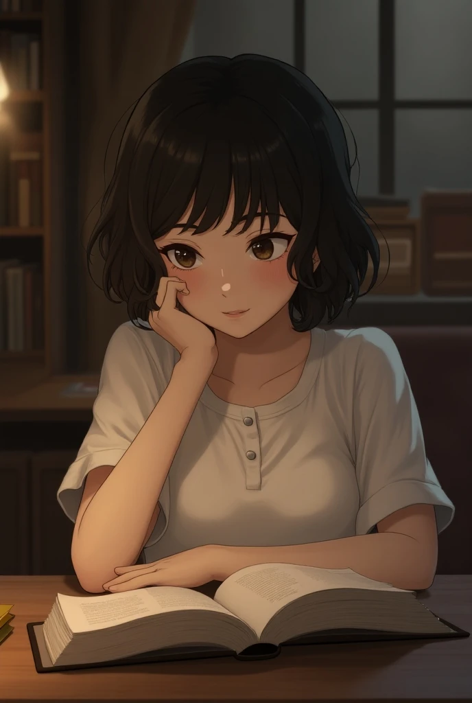 Short haired girl reading a book 