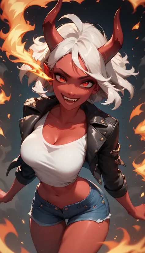 a demon girl, solo, evil red eyes, red skin, horns, wide open smile, expressiveh, white hair, leather jacket, tshirt, denim shor...