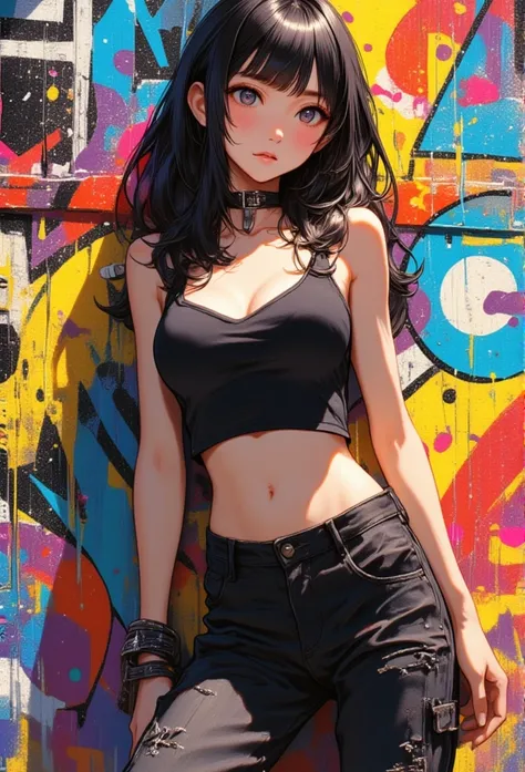 (masterpiece, best quality:1.4), official art, absurdres, vivid colors, girl, teen, beautiful eyes, tight crop top, tight pants, choker, (splash ink, graffiti on wall:1.2), navel, slender, standing, from below, cowboy shot, small waist, thick thighs, (arch...