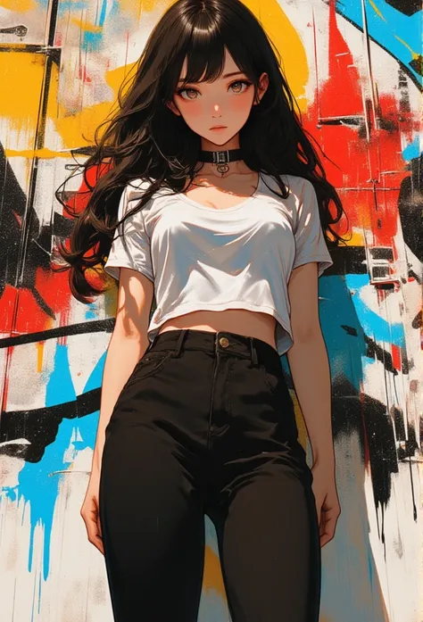 (masterpiece, best quality:1.4), official art, absurdres, vivid colors, girl, teen, beautiful eyes, tight crop top, tight pants, choker, (splash ink, graffiti on wall:1.2), navel, slender, standing, from below, cowboy shot, small waist, thick thighs, (arch...