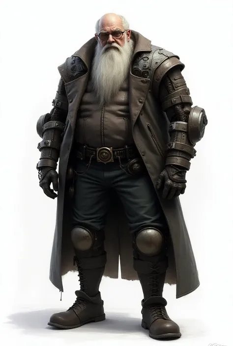 (semi-realistic painting) (d&d) (dark Fantasy) (Arte digital) (white background) Tall old man,  gray hair ,  a long white beard ,  with steampunk glasses ,  wearing a steampunk exoskeleton that covers his body completely leaving only his head exposed.