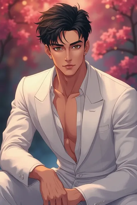 detailed portrait of a handsome adult man, white clothes, anime style, intricate facial details, beautiful eyes, elegant pose, cinematic lighting, vibrant colors, highly detailed, photorealistic, 8k, best quality