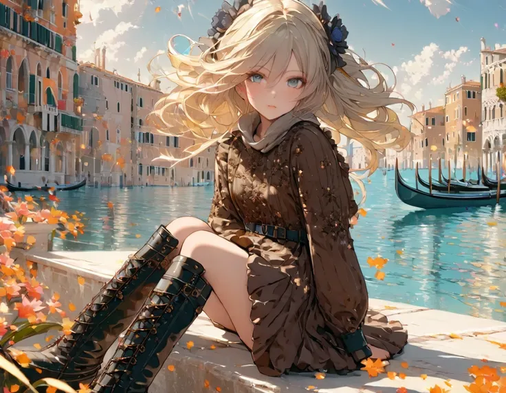 (Masterpiece, top quality, super detail:1.2),
Beautiful landscape, like Venice, Italy,
facing at viewer, 
hair blowing in wind, 
A beautiful girl with twin-tail hair wearing boots is sitting,
(Flower Effects: 1.4),