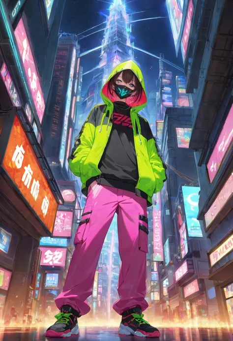 score_9,score_8_up,score_7_up,rating_safety,source_anime,((masterpiece)),((best quality)),(hyper detailed),BREAK revolutionary,BREAK Nou mask,neon hood,neon jacket,black shirts,neon pants,BREAK (holding_ペイントスプレー:1.4),BREAK cyber city,midnight,space ship,cr...