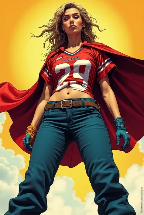 Lesbian woman wearing capes with wide-sleeve American football jerseys with loose pants comic 