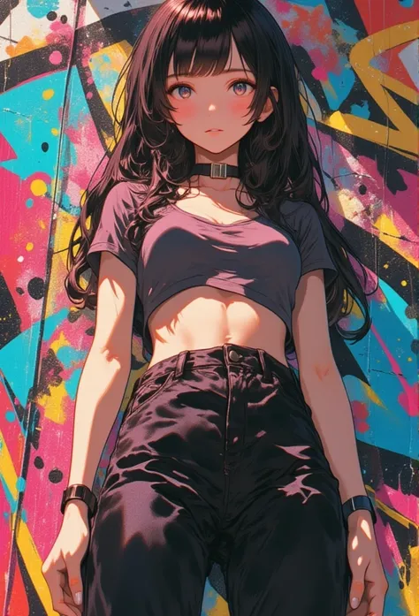 (masterpiece, best quality:1.4), official art, absurdres, vivid colors, girl, teen, beautiful eyes, tight crop top, tight pants, choker, (splash ink, graffiti on wall:1.2), navel, slender, standing, from below, cowboy shot, small waist, thick thighs, (arch...