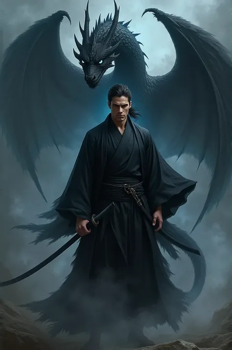  Draw a picture of a man wearing a black kimono with a dark katana sword. Around him there is smoke from the black magic he used ,  there is a black dragon with blue eyes behind the man 