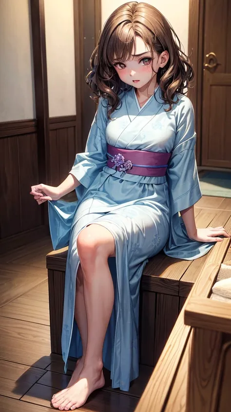 (pretty woman1.9),19 years old,Alone,

light brown hair,(wavy short hair1.2),hairs between eyes,

light brown eyes,big eyes,double eyelids,

(slender body1.3),(small:1.1),beautiful breasts,(baby face:1.5),

(light blue colors yukata),

A room in an inn,

s...