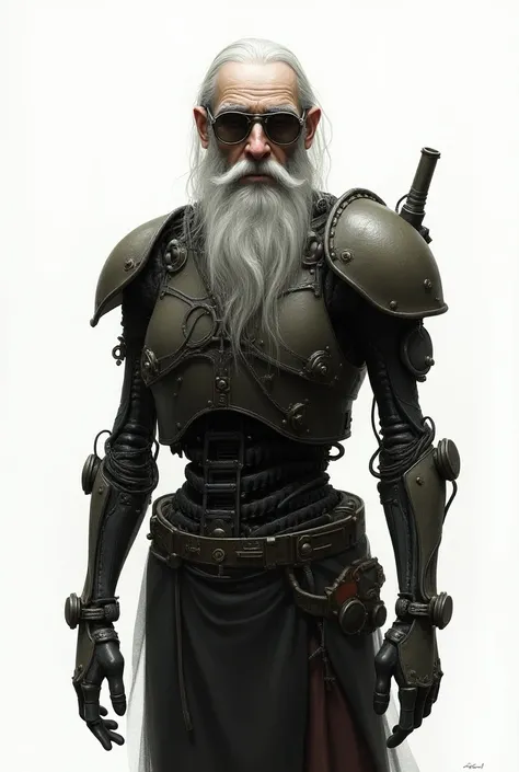 (semi-realistic painting) (d&d) (dark Fantasy) (Arte digital) (white background) thin man, Old and tall,  gray hair ,  a long white beard ,  with steampunk glasses ,  wearing a steampunk exoskeleton that covers his body completely leaving only his head exp...